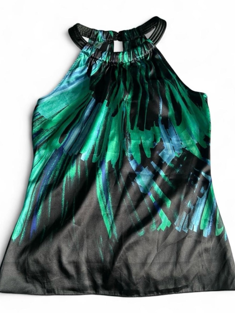 T Tahari Green Blue Black Brushstroke Sleeveless Halter Top Small